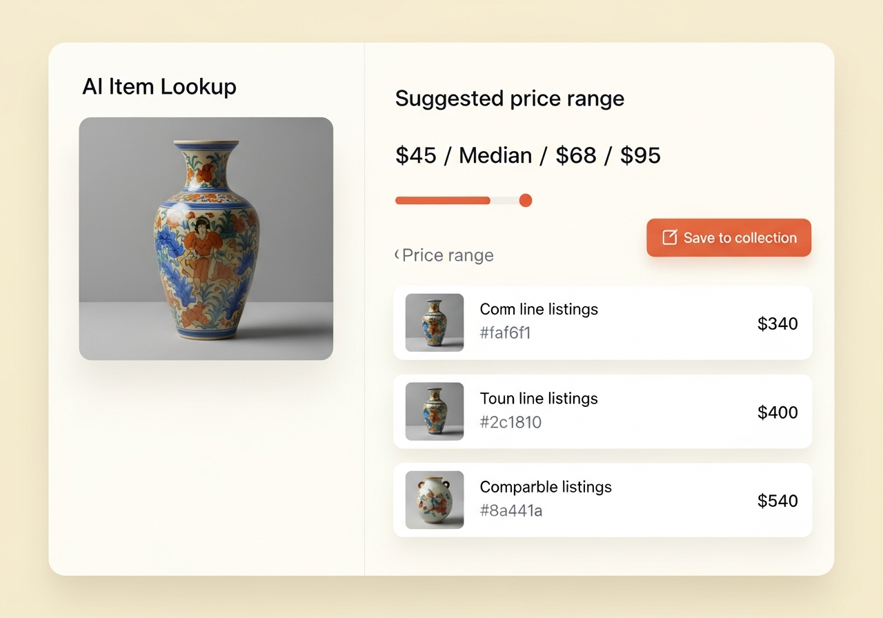 Vintique AI item lookup — a photo of a vintage vase next to a suggested price range card showing low, median, and high prices and a list of comparable listings.