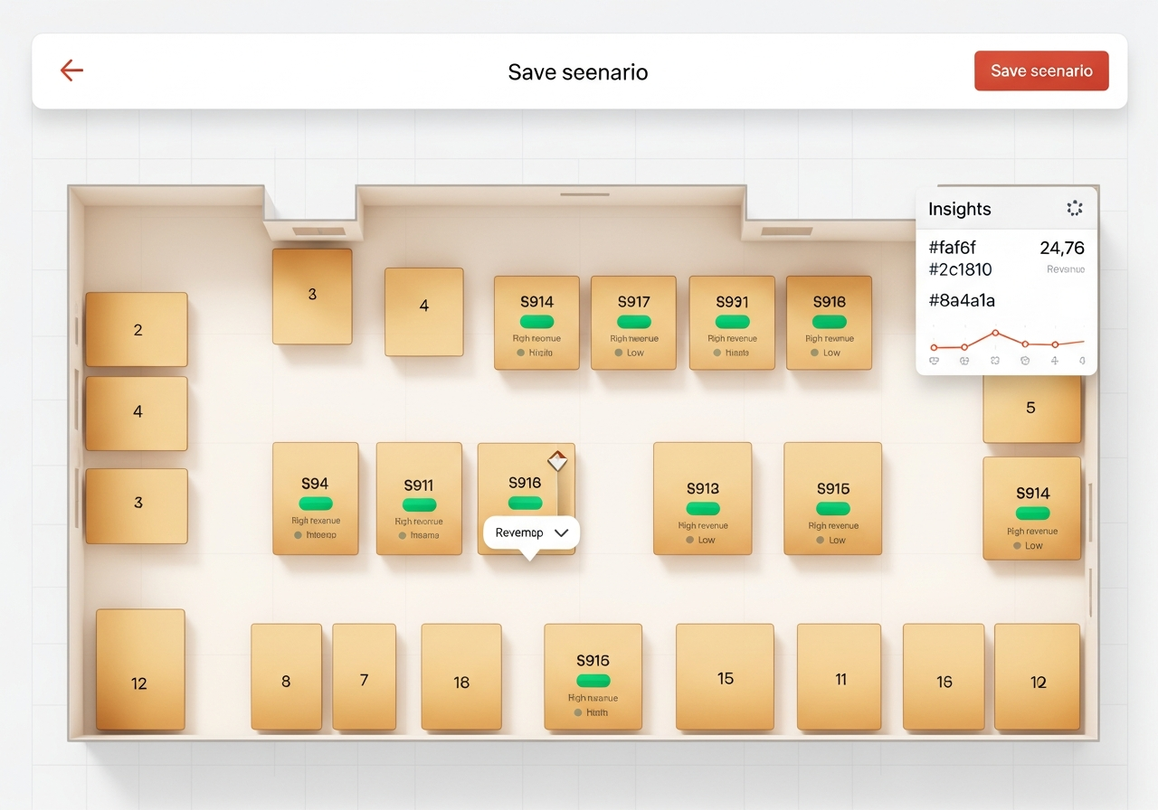 Vintique store layout sandbox — top-down floor plan of an antique mall with numbered booth tiles, revenue heatmap badges, and an insights side panel.